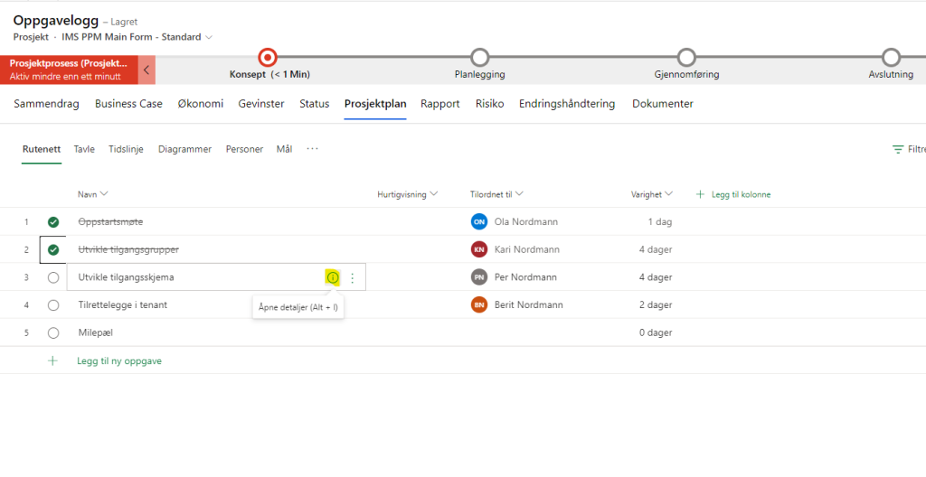 Oppgavelogg i Project for the web